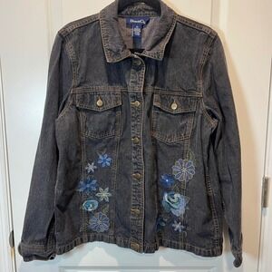 Denim & Co Denim Jacket Embroidered Blue Flowers Charcoal Gray Size L